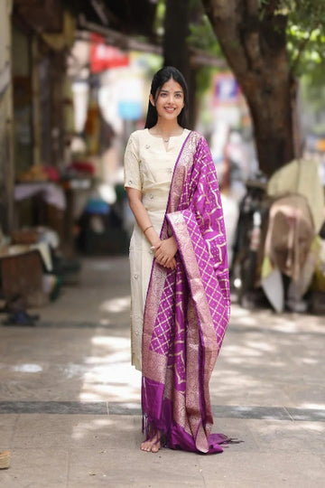 Cream Straight Kurta with Purple Banarasi Dupatta