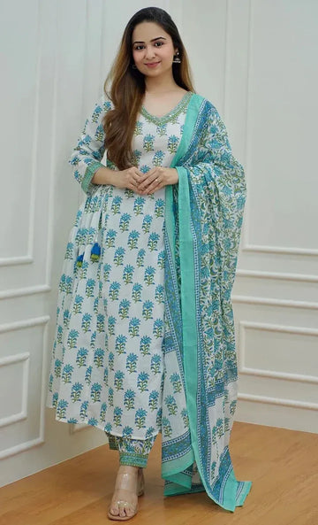 White & Aqua Blue Floral Printed Kurta Pant Set with Dupatta