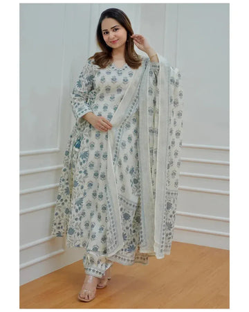 Off White Floral Printed Kurta Pant Set with Dupatta