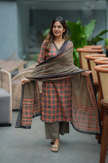 Brown & Black Printed Straight Kurti Set with Dupatta