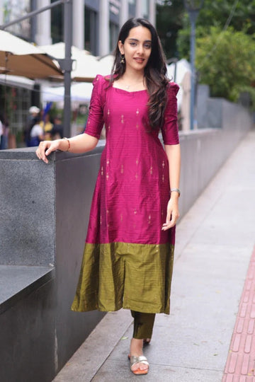 Wine Pink & Olive Green Silk Kurta Set