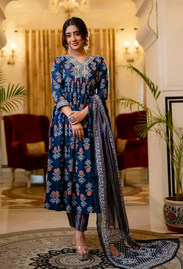 Navy Blue Printed Anarkali Kurta Set with Dupatta
