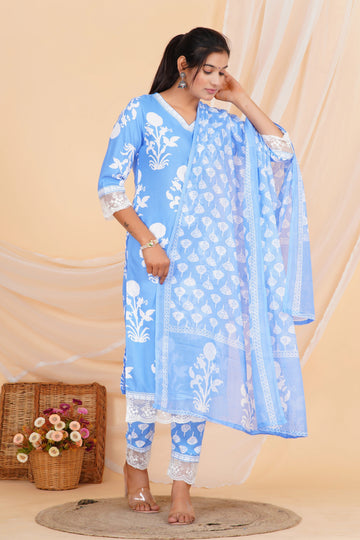Sky Blue Floral Printed Kurta Pant Set with Dupatta