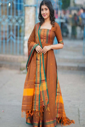 Brown South Cotton Anarkali Kurta Set with Contrast Woven Dupatta
