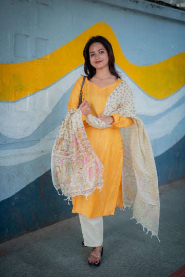 Mustard Yellow Cotton Kurta Set with Printed Dupatta
