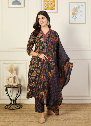 Navy Blue Floral Printed Kurta Pant Set with Matching Dupatta