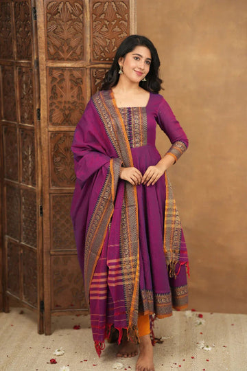 Purple Woven Border Anarkali Suit with Dupatta