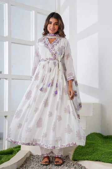 White & Lavender Floral Printed Anarkali Kurta Set with Dupatta