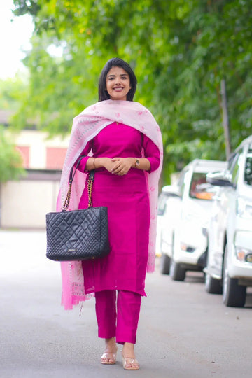 Magenta Pink Straight Kurta Set with Printed Dupatta