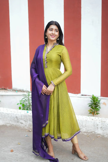 Olive Green Cotton Anarkali Kurta Set with Purple Dupatta