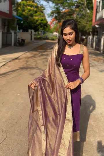 Purple Straight Kurti with Golden Border Dupatta