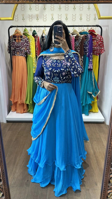 Royal Blue Embroidered Top with Layered Lehenga & Dupatta