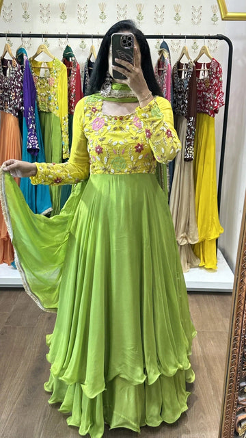 Yellow Embroidered Top with Green Layered Lehenga & Dupatta