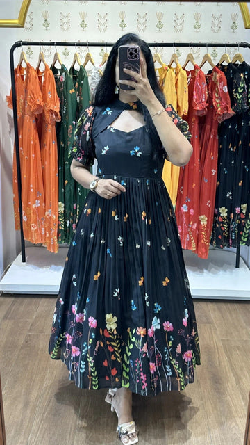 Black Floral Printed Pleated Midi Dress