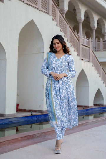White & Sky Blue Paisley Printed Kurta Set with Dupatta & Straight Pants