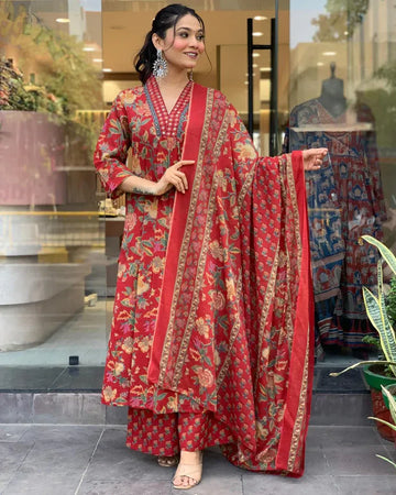 Red Floral Printed Kurta Set with Dupatta & Straight Pants