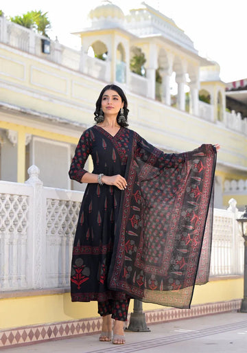 Black Ethnic Printed Kurta Set with Dupatta & Straight Pants