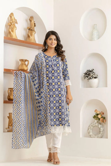 Navy Blue Geometric Print Kurta Set with White Pants & Dupatta