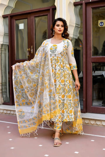 White & Mustard Yellow Floral Printed Anarkali Kurta Set with Dupatta