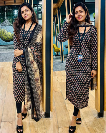 Black Printed Straight Kurti Set with Dupatta