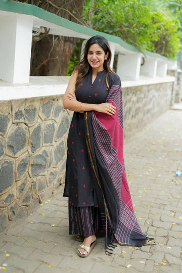 Black Cotton Kurta Set with Maroon Striped Dupatta