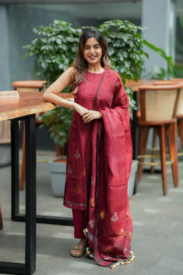 Wine Maroon Solid Kurta Set with Matching Dupatta
