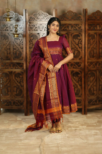 Wine Purple Handloom Anarkali Kurta Set with Zari Dupatta