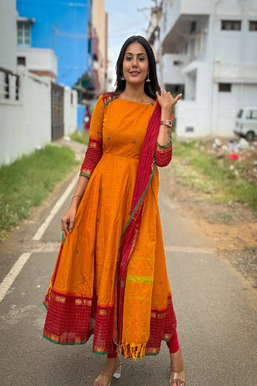 Orange Anarkali Kurta with Red Contrast Dupatta