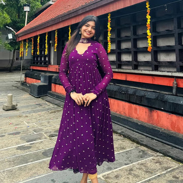 Purple Printed Anarkali Kurta Set   Elegant Festive & Temple Wear Ethnic Outfit