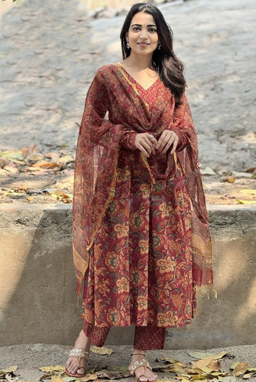 Wine Red Floral Printed Kurta Pant Set with Dupatta