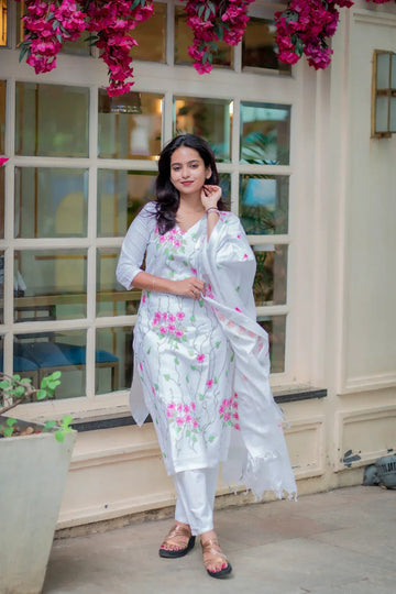 White Floral Printed Kurta Set with Dupatta