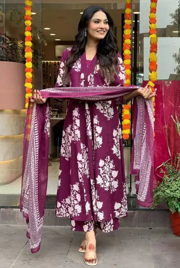 Wine Purple Floral Printed Kurta Pant Set with Dupatta