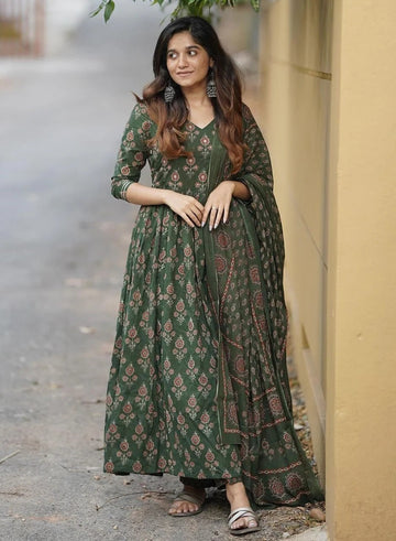 Bottle Green Floral Printed Anarkali Kurta Set with Dupatta