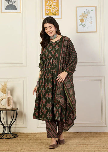 Dark Green Floral Printed Kurta Set with Dupatta & Straight Pants