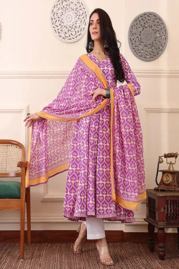 Purple Heart Motif Printed Anarkali Kurta Set with Dupatta