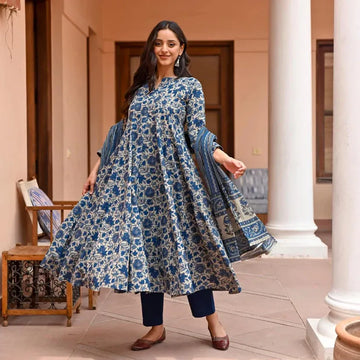 Blue Floral Printed Anarkali Kurta Pant Set with Dupatta