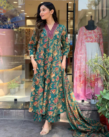 Bottle Green Floral Printed Kurta Pant Set with Dupatta