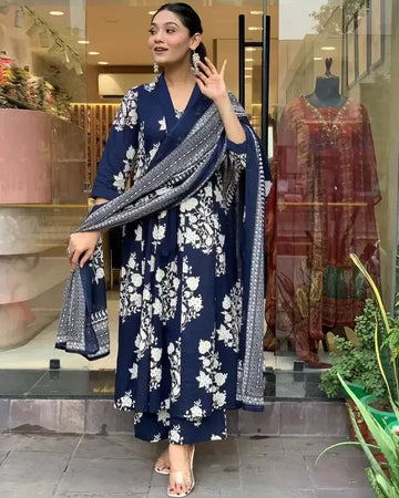 Navy Blue Floral Printed Kurta Pant Set with Dupatta