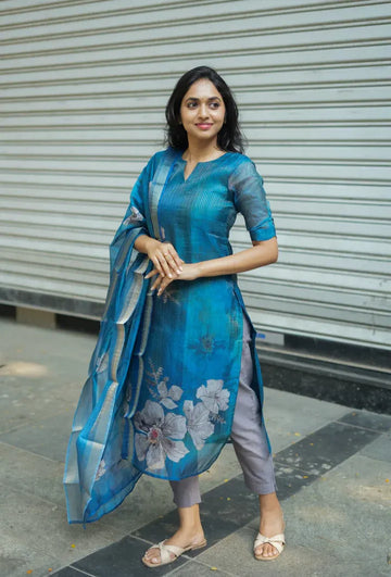 Teal Blue Floral Printed Kurta Set with Dupatta