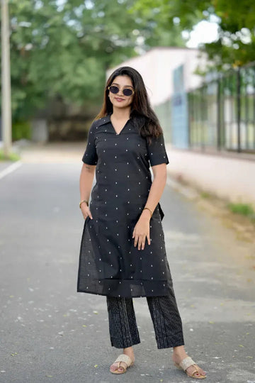 Black Minimal Printed Kurti with Straight Pants