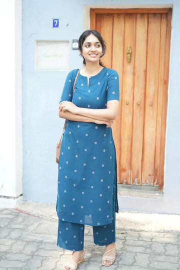 Teal Blue Printed Straight Kurta Set with Pants