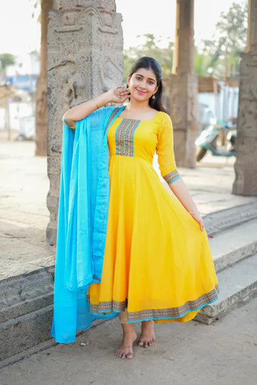 Yellow Anarkali Kurti Set with Blue Dupatta
