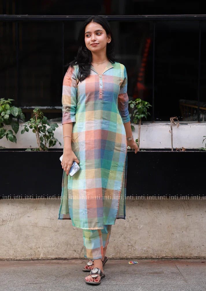 Premium Check Print Kurta Set Chic Indian Fashion