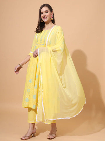 Lemon Yellow Embroidered Kurta Pant Set with Dupatta