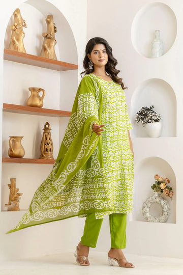 Lime Green Handblock Printed Kurta Set with Dupatta