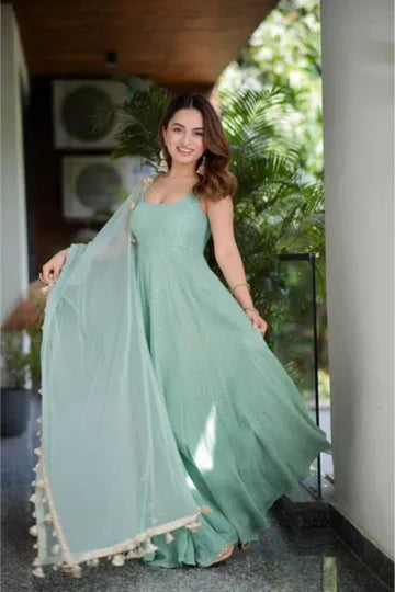 Mint Green Shimmer Flared Gown with Dupatta