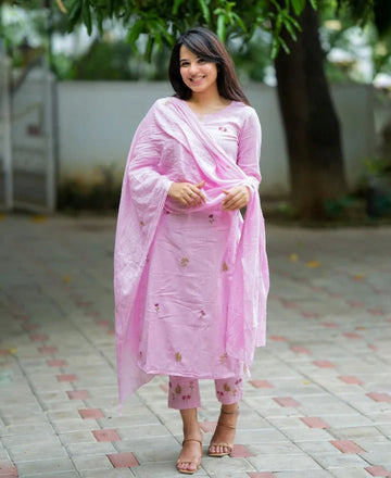 Light Pink Embroidered Kurta Pant Set with Dupatta