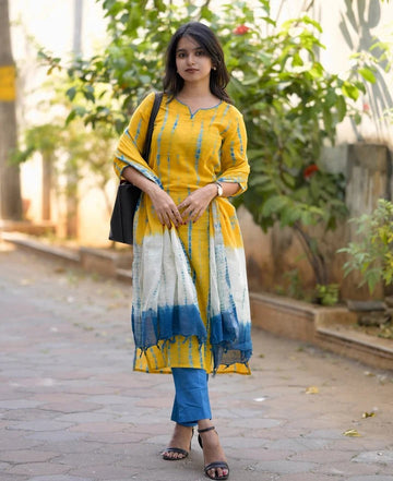 Yellow Printed Kurta Pant Set with Ombre Dupatta