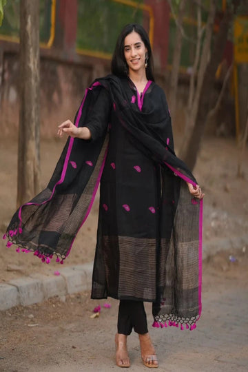Black Cotton Kurti Set with Pink Motifs & Dupatta  Elegant Ethnic Wear for Festive & Daily Use