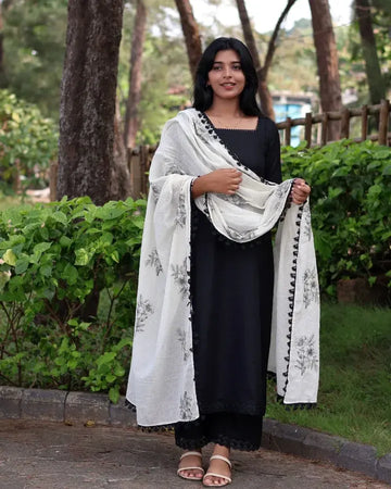 Black Cotton Straight Kurti with White Floral Dupatta  Elegant Daily & Festive Ethnic Wear